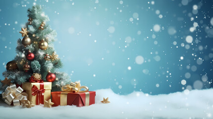 Obraz premium Background for a greeting card for Christmas and New Year with a small Christmas tree and a gift,Christmas background