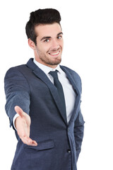 Portrait, business man or offer of shaking hands, introduction or recruitment isolated on transparent png background. Happy worker, handshake emoji or agreement of HR deal, b2b integration or welcome