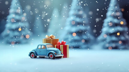 Christmas decoration with a toy car carrying a Christmas tree and gifts in the snow in a winter park,Christmas background