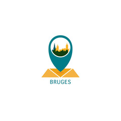 Bruges city map pin point geolocation modern skyline vector logo icon isolated illustration. Belgium pointer emblem with landmarks and building silhouettes