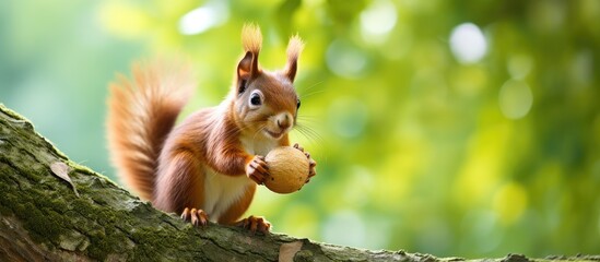 Tree-dwelling squirrel holding a nut. - obrazy, fototapety, plakaty