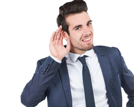 Listening, hear and portrait of business man on isolated, png and transparent background for news. Corporate worker, signal and face of person with hand gesture for gossip, information and secret