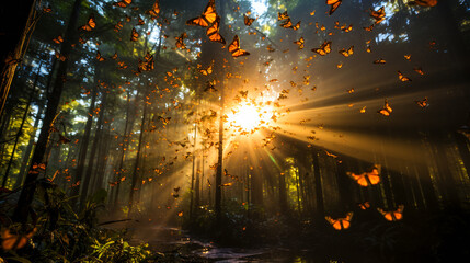 Monarch butterflies. Millions of butterflies create a living carpet on the forest