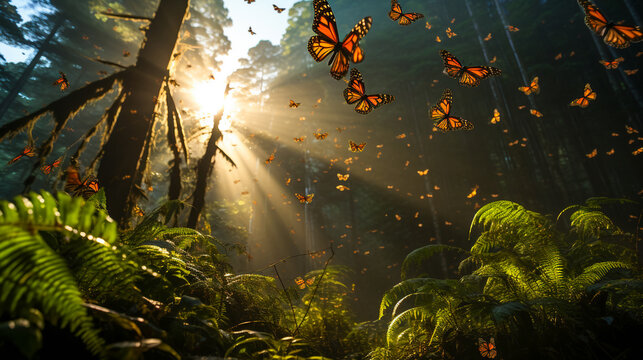Monarch butterflies. Millions of butterflies create a living carpet on the forest