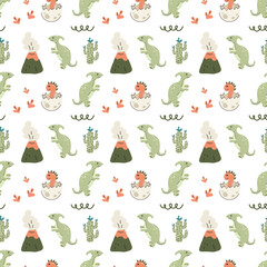 Seamless pattern with cute dinosaurs and tropical plants on white background. Childrens colorful print on fabric, textile, wallpaper,postcards. Vector