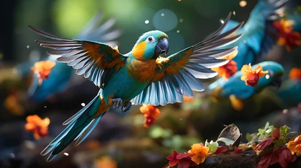Fototapeten Avian Euphoria. Parrots in Flight © EwaStudio