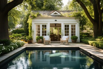 A backyard pool with a white pool house surrounded by lush greenery - obrazy, fototapety, plakaty