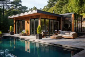 Wooden house with a flat roof large windows and a pool in the foreground. The pool is surrounded by a wooden deck. - obrazy, fototapety, plakaty
