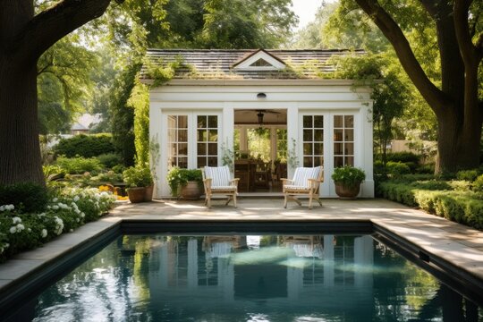 A backyard pool with a white pool house surrounded by lush greenery