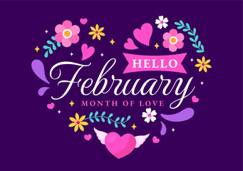 Hello February Month Vector Illustration with Flowers, Hearts, Leaves and Cute Lettering for Decoration Background in Flat Cartoon Templates