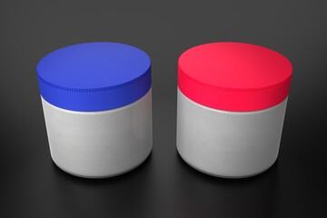 two plastic jar with white powder, red and blue cap - 686010917