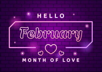 Fototapeta premium Hello February Month Vector Illustration with Flowers, Hearts, Leaves and Cute Lettering for Decoration Background in Flat Cartoon Templates