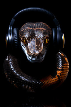 Snake with headphones. Snake listening to music