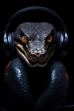 Snake with headphones. Snake listening to music