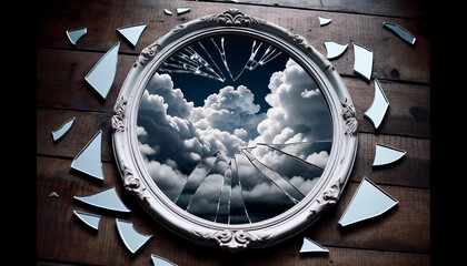 An image of a broken mirror reflecting a cloudy sky - Generative AI