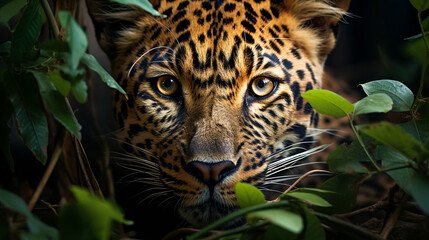 The leopard hiding in the jungle foliage