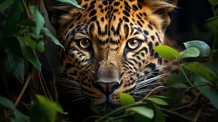 Selbstklebende Fototapeten The leopard hiding in the jungle foliage © EwaStudio