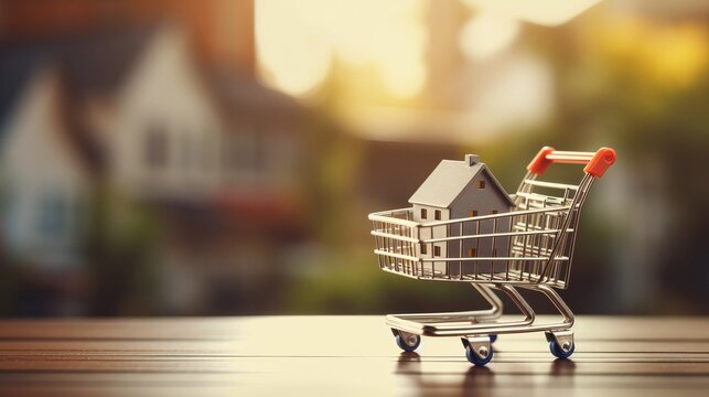 digital retail: e-commerce symbolized with shopping cart model and laptop against a home backdrop – online business concept - Powered by Adobe