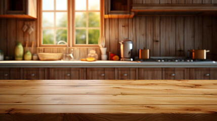 Wooden table for displaying kitchen products or condiments with a kitchen background. Ai generate.