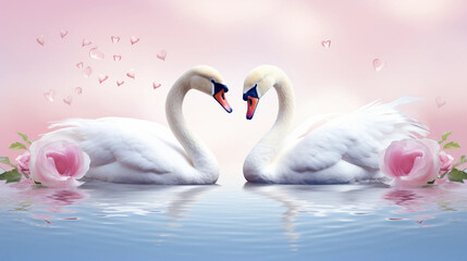 two swans on the lake with flowers