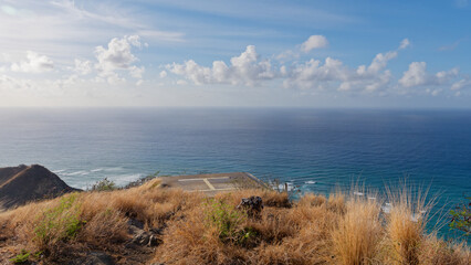View from the Diamond Head hike at the helipad on the coast of the Pacific Ocean, Oahu, Hawaii