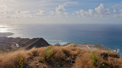 Landscape view from the Diamond Head hike at the helipad and the coast of the Pacific Ocean, Oahu, Hawaii
