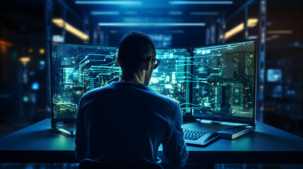 Computer engineer working on laptop computer with server room, data center, big data storage as backgrounds. generative ai.