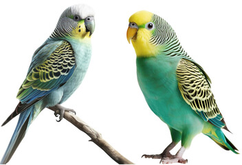 Two parakeets sitting on a branch - obrazy, fototapety, plakaty