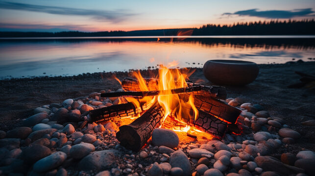 campfire on the lake HD 8K wallpaper Stock Photographic Image 