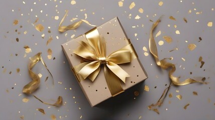 Fototapeta na wymiar A luxurious gift with a gold ribbon and blurred confetti sprinkles, New Year's gift with a gold ribbon on the background.