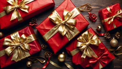 Top view photo Red gifts Box with golden bows and ribbons placed on wood background