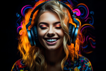 Fototapeta na wymiar portrait of a girl in headphones on a black background