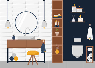 Cozy modern style bathroom and toilet, wc in navy blue, orange and white tones. Interior and furniture collection. Scandinavian design. Vector cartoon flat illustration
