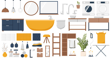 Cozy modern style laundry room in navy blue, orange and white tones. Washing, drying and ironing. Interior and furniture collection. Scandinavian design. Vector cartoon flat illustration - obrazy, fototapety, plakaty