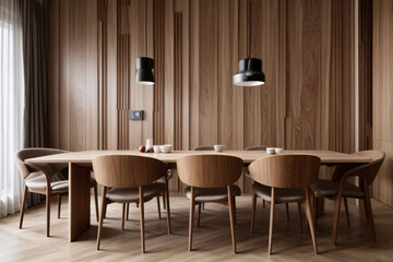 Minimalist interior design of modern dining room with abstract wood paneling arched wall