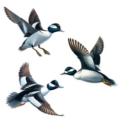 Obraz premium A set of Bufflehead Ducks flying on a transparent background