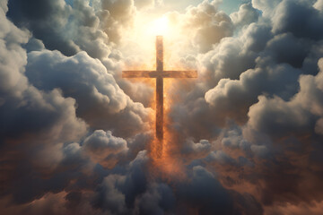 Christian cross in the sky background. Christian concept. Hope and freedom of God Jesus. Generative...