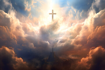 Christian cross in the sky background. Christian concept. Hope and freedom of God Jesus. Generative...