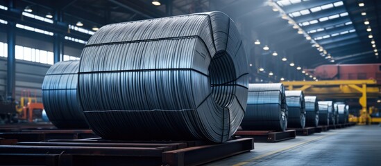 Transporting and handling steel coil wire in front of a warehouse, part of general cargo logistics and industrial material supply chain operations. - obrazy, fototapety, plakaty