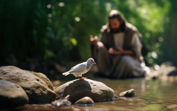 Jesus Christ with a dove. Jesus baptised concept. Generative AI