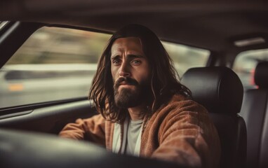 Jesus driving a car. Christian help concept. Generative AI