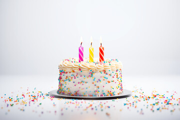 cake celebration birthday with colorful sprinkles and  three candles, white background - obrazy, fototapety, plakaty