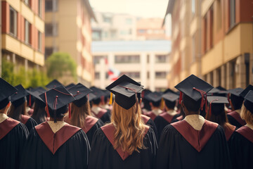 university graduates wearing graduation gown and square caps, view from back