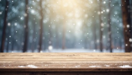 Empty wooden tabletop featuring a Bokeh Effect, set against a background of a forest and snowfall. Template for product display.