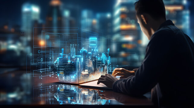 Digital technology, data processing and engineering, cloud computing concept. Computer programmer coding on laptop, database management with data center. generative ai.