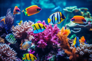 Fototapeta na wymiar fishes in tropical sea underwater multicolored on coral reef, aquarium oceanarium, wildlife, marine snorkel diving