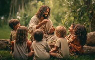 Jesus Christ talking to children, Jesus and children smiling. Generation AI