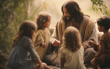 Jesus Christ talking to children, Jesus and children smiling. Generation AI