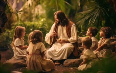 Jesus Christ talking to children, Jesus and children smiling. Generation AI - obrazy, fototapety, plakaty