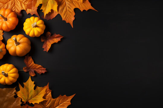 orange maple trees leaves and pumpkin on dark background, autumn decoration concept, top view, copy space